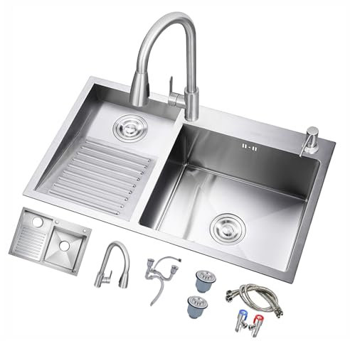 Doppelwaschbecken für Badezimmer, Haushalts-Edelstahl-Waschtisch, Waschbecken mit Waschbrett, ausziehbarer Wasserhahn, leicht zu reinigen