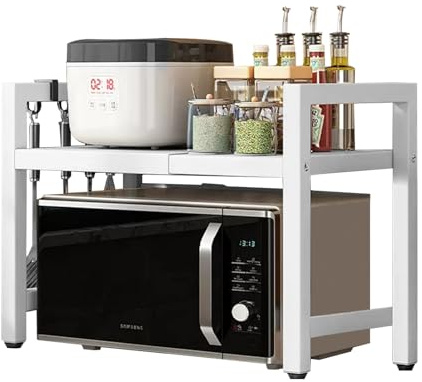 3-Tier Expandable Microwave Oven Rack, Height Adjustable Carbon Steel Expandable Microwave Shelf Stand with 6 Hooks, Kitchen Shelf Organizer for Pots Pans Rice Cooker Toaster (White, 2-Tiers)