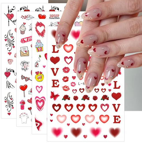 JMEOWIO Nagelsticker Valentinstag 8 Blatt Nail Art Sticker Selbstklebend Nagelaufkleber Herz Dekoration Nageldesign Zubehör