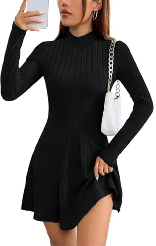 Hanaoops Robe Pull Femme Automne Hiver Robe Tricotée Col Rond Manches Longues Robe Courte Elegant A Ligne Robes Casual Moulante Mini Robe