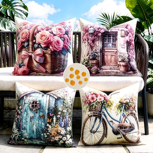 Dorunfeey 4er Set wasserdichte Kissenbezug 40 x 40 cm Blumen Muster Kissenbezüge Leinenoptik Outdoor Kissen Set Sofakissen Dekorative für Balkon Terrasse Garten Outdoor Deko