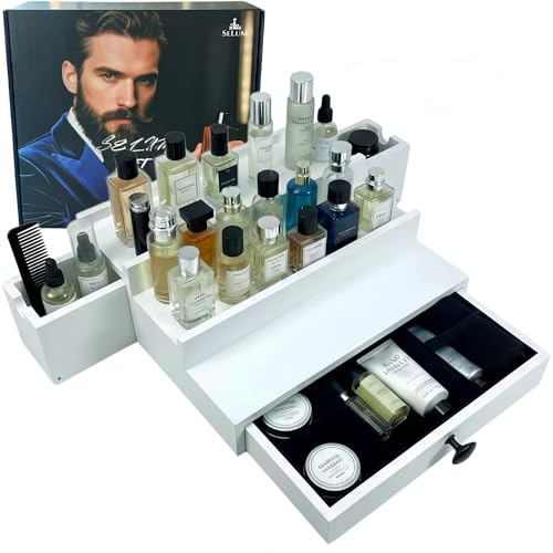 SeLuM Köln-Organizer aus Holz mit 3 Ebenen, elegante Geschenkverpackung | Ausziehbares seitliches Aufbewahrungsfach, Samtfutter, weiße Parfümhalter-Ablage für Kommode, Duft-Präsentationsständer