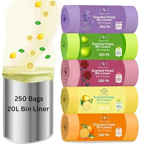 RIXI Bin Liners 20 Litre 250 Bags with Tie Handles Leakproof | Strong leakproof bin bags with tie handles help prevent odours. Ideal for bathroom, kitchen, office and small pedal bins.