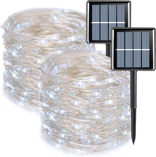 wisdom line Guirlande Lumineuse Solaire, 2 x 20 m, 200 LED, 8 Modes d'Éclairage, Étanche, Lumière Chaude