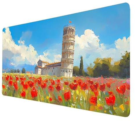 Tapis De Souris xxl Gaming Blanc Tapis Souris 1000 x 500 x 3mm, Grand Mousepad La tour penchée de Pise Antidérapant Étanche Bords Cousus Base en Caoutchouc, Gaming Accessoire Bureau pour Pc Gamer 9724