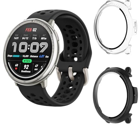 Aerku Hard Hülle Mit Displayschutz Kompatibel mit Amazfit Active 2, [ 2 Stück ] Vollschutz Kratzfest PC Schutzhülle Schutz Case, Schwarz&Transparent
