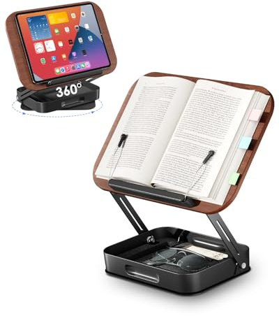 Viozon Buchständer, Drehbarer Buchhalter mit Höhenverstellung, klappbarem Metallfuß, integriertem Stehsammler Holz, ideal als Leseständer für Schreibtischzubehör, Notenständer, Tablet/Laptop