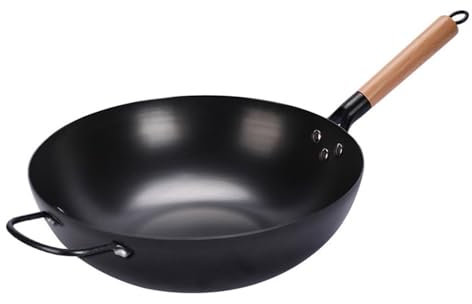 MYUYEE Padella Wok in Acciaio al Carbonio padelle per Saltare in Padella con Doppi Manici Fondo Piatto Senza Rivestimento Chimico per Piani Cottura a induzione,Senza Coperchio - 30 cm