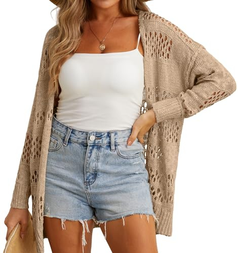 GRECERELLE Cardigan en crochet pour femme - Cache-maillot de plage léger creux ouvert sur le devant - Protection solaire, kaki, XL