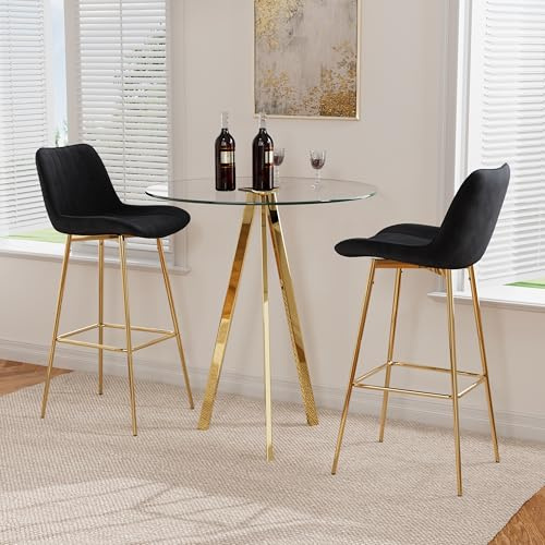 SIZOTA 3 Piece Pub Dining Set, Modern Round Bar Table and Chairs for 2, 30 Bar Height Barstools and Glass Kitchen Table Set, 31 Small Dining Table with 2 Velvet Barstools(Black)