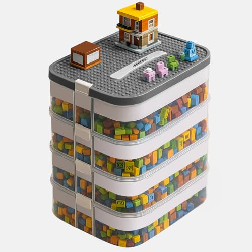 KRUZZEL 25758 Boîte de rangement avec couvercle à 4 étages - 29 l - Caisses de rangement avec couvercle pour Lego - Transparent - La boîte ne contient pas de blocs - Boîtes empilables sûres