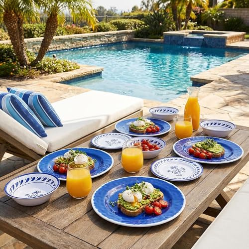 Yinshine Blue Melamine Dinnerware Sets,12-Piece Plates and Bowls Set for 4,Coastal Farmhouse Style Dish Sets,Chip Resistant & Dishwasher Safe,Dark Indigo Vintage Pattern for Outdoor Patio Everyday Use