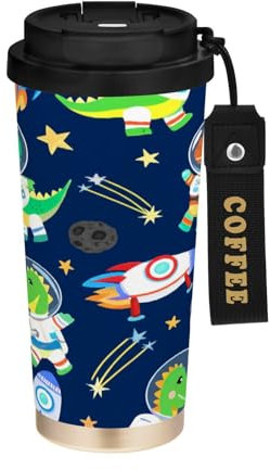 JUMBEAR Taza de viaje con aislamiento al vacío de dinosaurios de dibujos animados, tazas de viaje reutilizables para café, taza de café de acero inoxidable de doble pared a prueba de fugas con tapa
