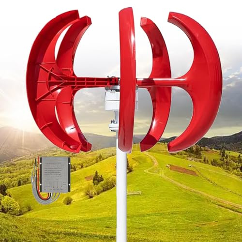 Generador de turbina eólica Lantern 16000W Aerogeneradores Aerogenerador de levitación magnética Permanente Vertical con controlador y placa de brida, generador de viento vertical, 5 cuchillas(Red,48V