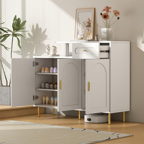 Commode avec 1 tiroir 3 Portes Buffet poignées métalliques Pieds en métal Armoire à Chaussures pour Couloir entrée Salon latérale armoires Blanc 120x35x92 cm