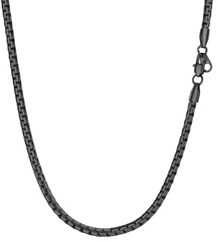 PROSTEEL Mens Necklace Chain Stylish Flat Box Chain Link Black/Silver/Gold Plated, Hypoallergenic 316L Stainless Steel Jewellery (with Gift Box)