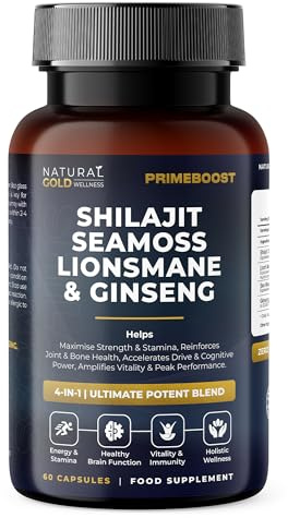 Shilajit, Sea Moss, Lion’s Mane & Ginseng 4-in-1 Supplement, Supports Energy, Stamina, Focus, Bone Health, Vitality & Wellness | 60 Vegan Capsules - PrimeBoost by Natural Gold Wellness