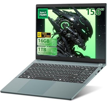 Esslorex 15,6 Pulgadas Ordenador Portátil Ryzen 5 7520H, PC Portátil 16GB RAM SSD 1TB, Laptop con 2*Tipo C, USB 3.0, HDMI, Teclado Digital retroiluminado
