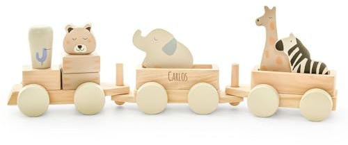 GRAVURZEILE Gravierte Holzeisenbahn Jollein - Jungle Jambo - Personalisiert mit Name - Kinder Spielzeug Eisenbahn - Holz Lokomotive mit 2 Waggons & 5 Tieren - Geschenk für Jungen & Mädchen zur Geburt