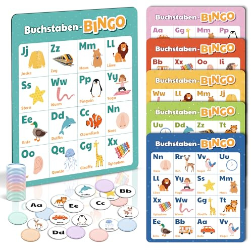 BIROYAL ABC Bingo Spiel Kinder ab 4 5 6 Jahre - Buchstaben Lernspiel für Schulanfänger - Lernspiel 1. Klasse - Gesellschaftsspiel Kinder - Einschulung Geschenk - Lernspielzeug