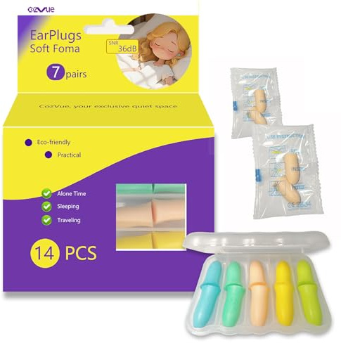 CozVue Ear Plugs, Ear Plugs for Sleep, 36dB SNR, Noise Canceling Soft Foam Earplugs, 8 Pairs with Storage Case, for Study, Travel, Work, Commute & Side Sleepers, Colourful, Curved Shape