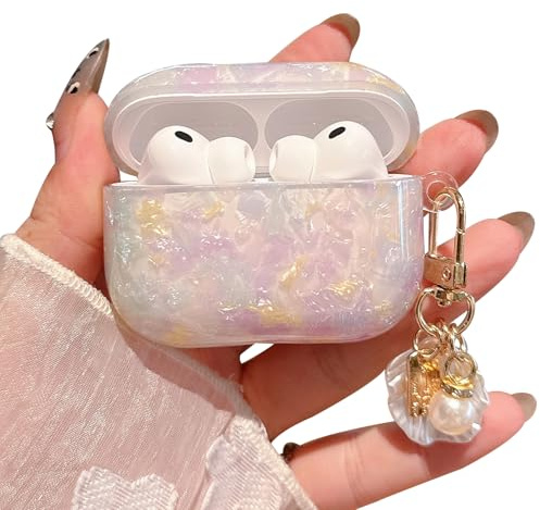 PHOEACC für AirPod Pro 3 Hülle 2025 Cute Marmor Schutzhülle mit Perlenschale Schlüsselanhänger Kompatibel mit AirPods Pro 3 Case für Mädchen und Frauen (Farbige Muschel)