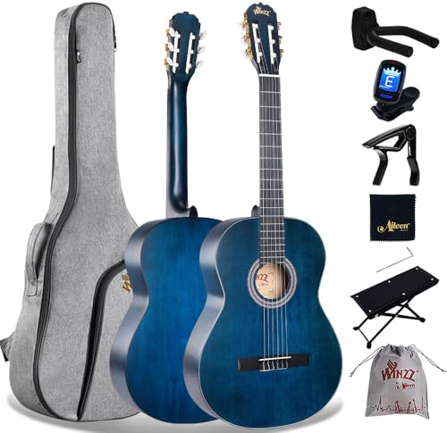 Winzz Chitarra da concerto 4/4 adulto, chitarra classica per principianti, 39 pollici (blu vintage)
