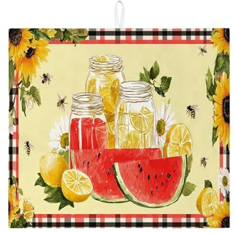 Tapetes de secado de platos de limonada de girasol para encimera de cocina, tapete escurridor de platos absorbente floral amarillo, protector de almohadilla de secado de microfibra rústica de verano