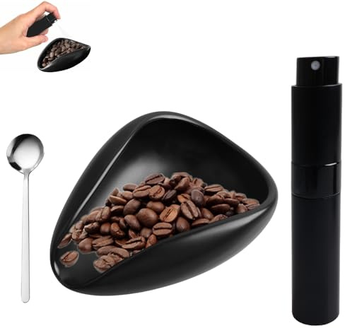 JUNJIEFU Kaffebönor doseringskopp – kaffetillbehör med RDT Spray & kaffespade, keramisk doseringskärl i matt svart, multifunktionellt tillbehör för espresso, te och kryddor
