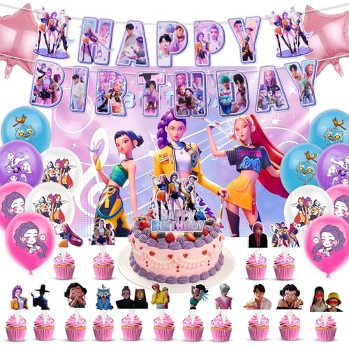 Geburtstag Deko Set Mädchen, Rosa Partyzubehör 29-teiliges mit Hintergrundtuch, Sternfolienballons, Latex Luftballons, Geburtstagsbanner, Kuchendeckel
