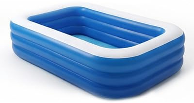 Inflatable swimming pool with three rings for children, toddlers and adults, blue and white design, perfect for indoor and outdoor use in the garden