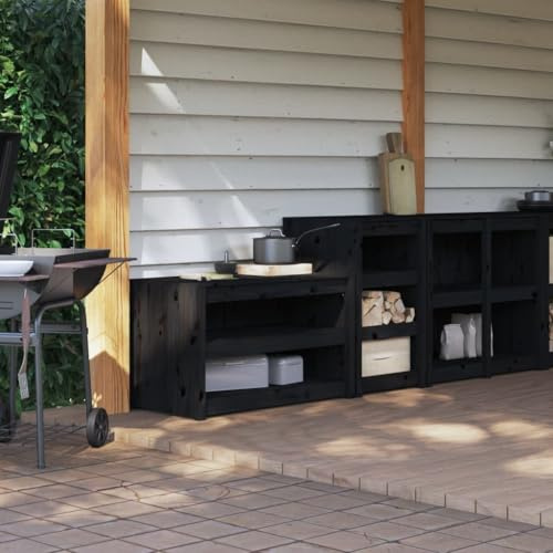 mzdioop MEPPEL Outdoor Kitchen Cabinets, Set of 2, Black Solid Pine Wood, Robust Kitchen Cabinet, Storage Cabinet for Garden, Patio, Modular Kitchen Storage with Lots of Storage Space