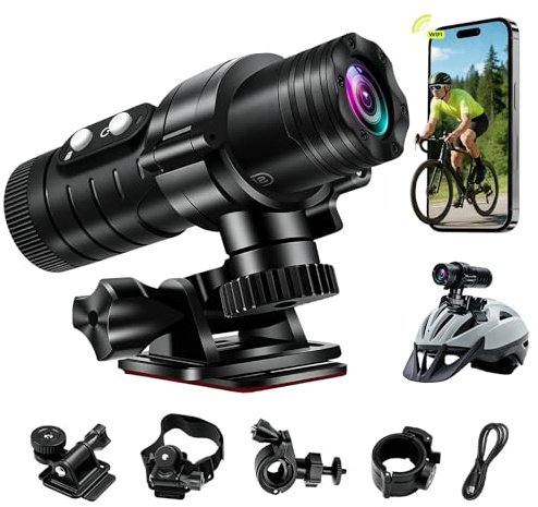 AIKER Dashcam Fahrrad,1080P Hd&120°Weitwinkel Wifi Action Kamera,Mini Action Cam Mit Multifunctional Accessories,Helmkamera Echtzeit-Pegelkorrekturfunktion/Wasserdicht/Lange Akkulaufzei Für Den Alltag