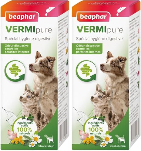 BEAPHAR – VERMIPURE – Solution liquide pour Chiot et Chien – Ingrédients actifs 100% naturels – Ail, camomille, thym – Spécial hygiène digestive – Odeur dissuasive contre les parasites internes– 50 ml