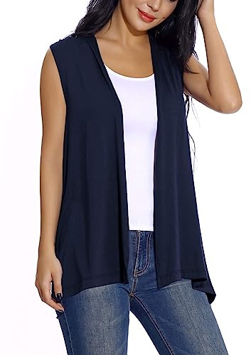 Mujeres Casual Solido Drapeado Cárdigan Ligera Frente Abierto Chaqueta sin Mangas (XL, Azul Marino)