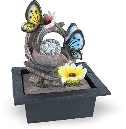 Zimmerbrunnen mit Schmetterling-Motiv, Tischbrunnen mit Pumpe und rotierender Kugel, Wasserspiel