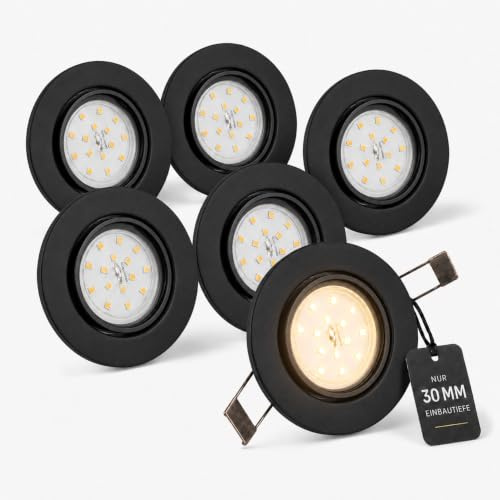 Trango 6er Pack Ultra flache LED Einbaustrahler, Einbauleuchte, Deckenlampe 6729-065MO in Matt Schwarz Rund incl. 6x LED Modul nur 30mm Einbautiefe Deckenleuchte, Einbauspots Deckenpampe