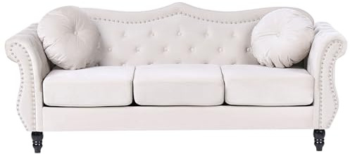 Beliani Divano in Velluto Beige a 3 Posti in Stile Chesterfield con Cuscini Retrò