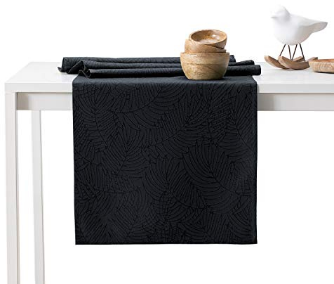 AmeliaHome Tischläufer 30x80 cm Lotuseffekt Wasserabweisend Blätter Schwarz Gaia
