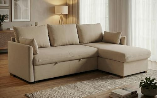 BUDWING Orlando Divano Letto ad Angolo con Contenitore a 3 posti, a Forma di L Chaise Longue a Sinistra o Destra Reversibile (Grigio Chiaro)