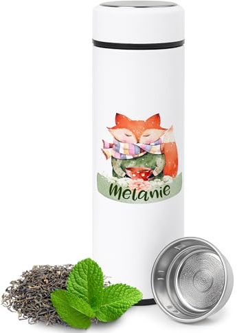 GRAZDesign Teeflasche mit Sieb to go, Thermobecher personalisiert mit Namen, Teebecher Teekanne mit Siebeinsatz, Thermosflasche Edelstahl 500ml Motiv Süßes Fuchs