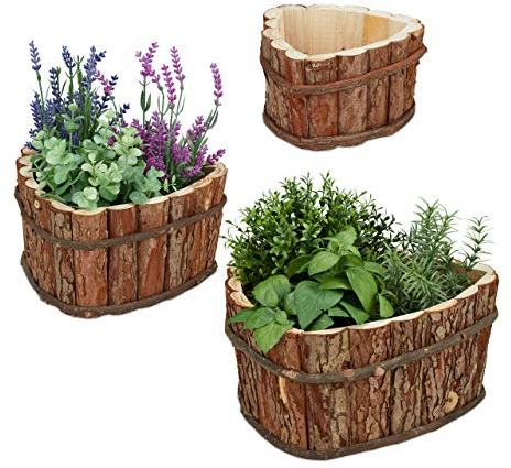 Relaxdays Vasi in Corteccia, Set 3 Portavasi per Il Balcone & Il Davanzale, Fioriera, Portafiori 3 Misure, Naturale