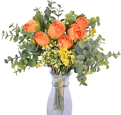 huaao 2pcs Künstliche Blumen Rosa wie echt Kunstblumen Frühling Schleierkraut Eukalyptus Blumenstrauß Pflanzen Blumenarrangements Hochzeit Rosen Seidenblumen für Tischdeko Büro Balkon Dekoration