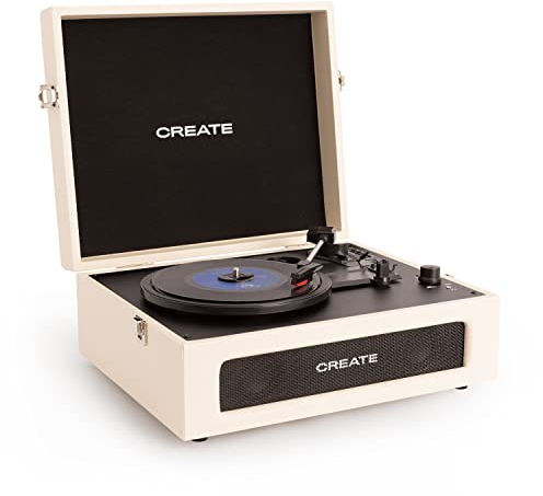 CREATE/Record Player Retro/Platine rétro Blanc Cassé/avec Bluetooth USB, SD, MicroSD et Mp3, 6W, 3 Vitesses de Lecture