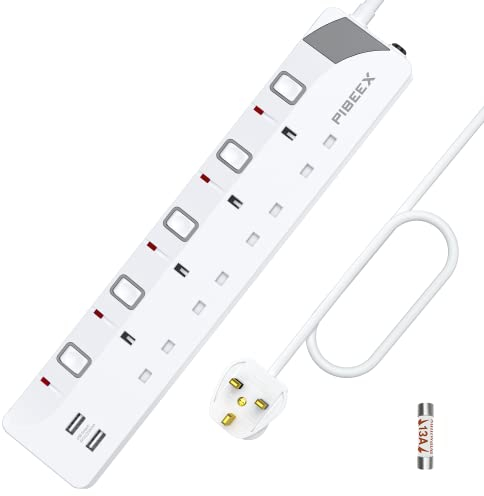 5M Extension Lead with Individual Switches, 13A 4 Way Power Strip 2 USB Lead with USB Slots Multi Plug Socket Extensions 5 Meters Long Extension Cord