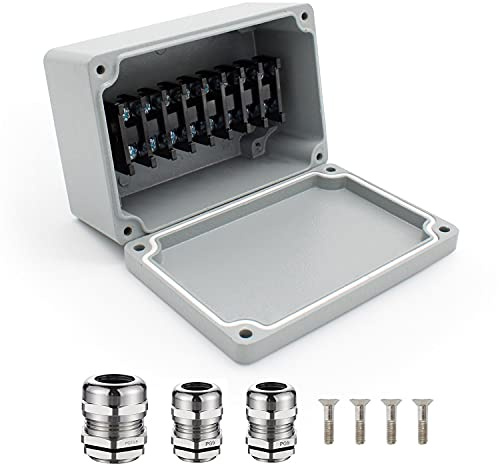 Abzweigdose Wasserdicht IP66 Abzweigkasten Aluminium, Abzweigdose für Metall 120 x 80 x 55mm, SRJQXH 8 polig Klemmenleiste klemmen, PG13,5- PG9 Wasserdichten Steckverbindern, Verteilerdose Aufputz