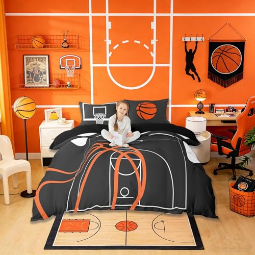 Basketball Court Print Duvet Cover Set Queen Size, Ball Sports Games Theme Bedding Set with 2 Pillowcases, Orange Basketball and Hoop Polyetser Quilt Cover (No Comforter), Kids Boys Bedroom Decor