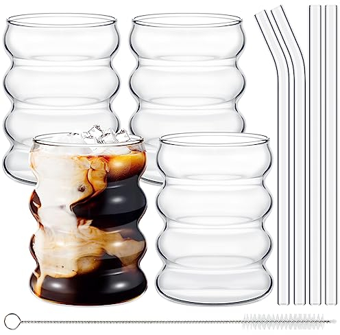Tessco 4 Pcs Creative Glass Cups Vintage Drinking Glasses Ribbed Glassware Aesthetic Cups Entertainment Dinnerware Glassware with Straws Set for Kitchen Coffee Juice Beverage (Clear,13.5 oz)