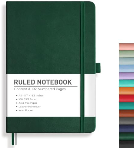 RETTACY Notebook A5, Lined Journal, Hardcover Notepad, 192 Pages, DGreen