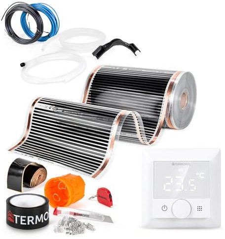 Termofol Chauffage au sol électrique Film chauffant 230 V – Avec thermostat H5 Blanc – Puissance 140 W/m² – Surface 16 m² – Chauffage au sol électrique Kit complet pour chauffage au sol, mur ou